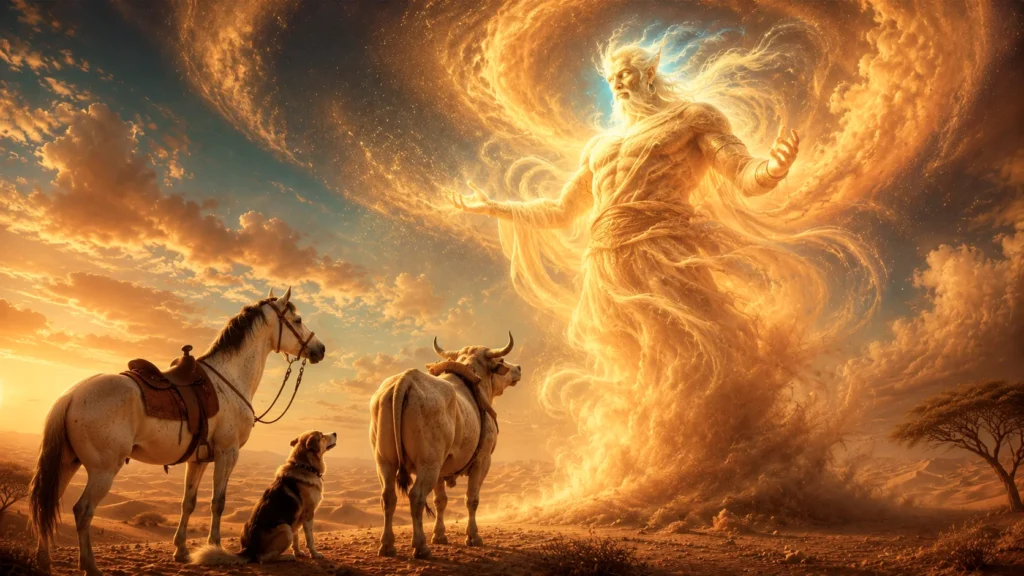 Majestic djinn surrounded by animals.
