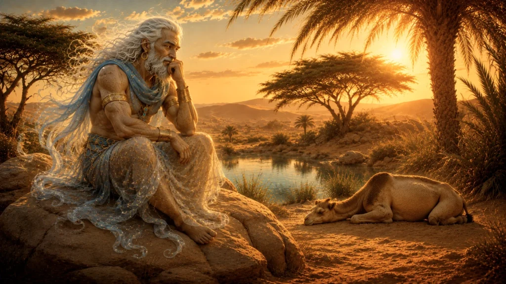 Djinn contemplating by a sunset oasis