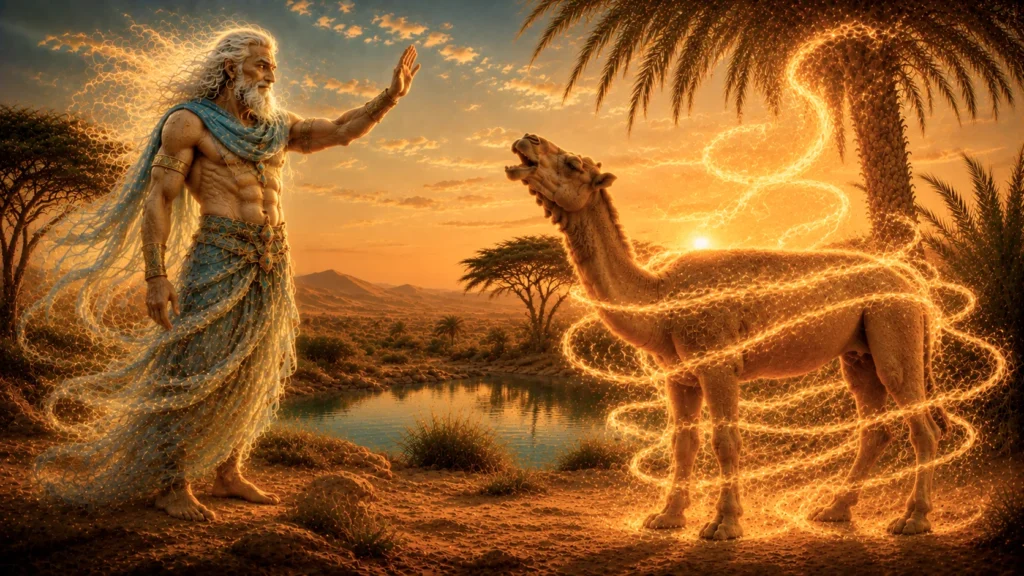 Djinn interacting with a glowing camel