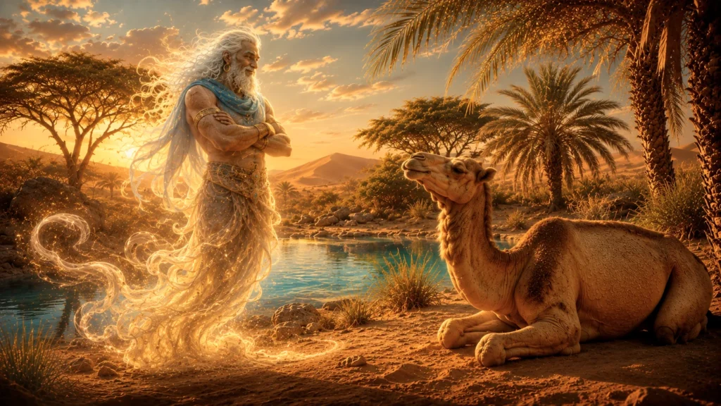 Djinn converses with a camel.