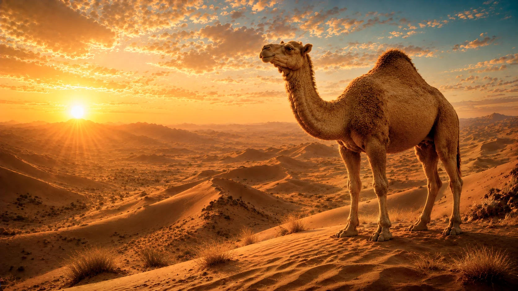 How camel got its hump in desert at sunset.