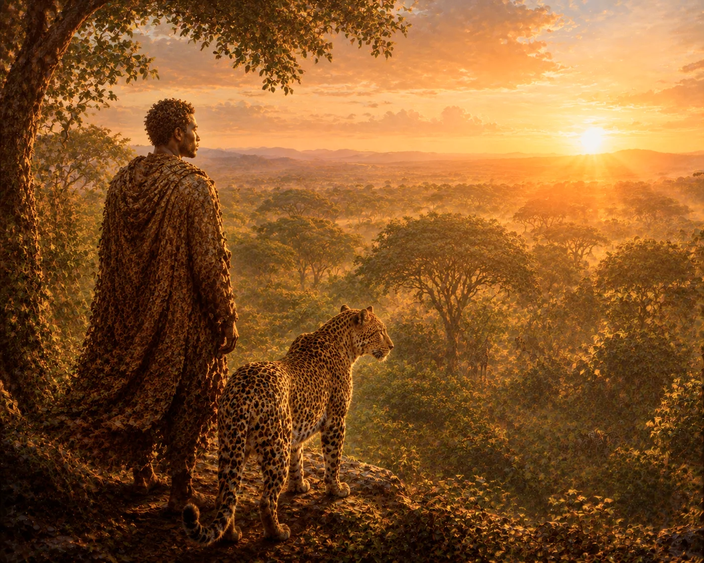 _ Final image Man and leopard watching sunset. Illustration of how leopards got their spots in a classic Just So Story.