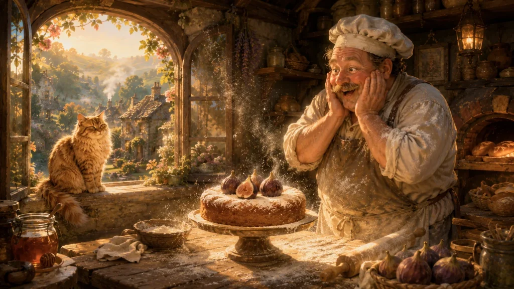 The Cat Who Remembered Everything 3 Joyful baker with fig cake