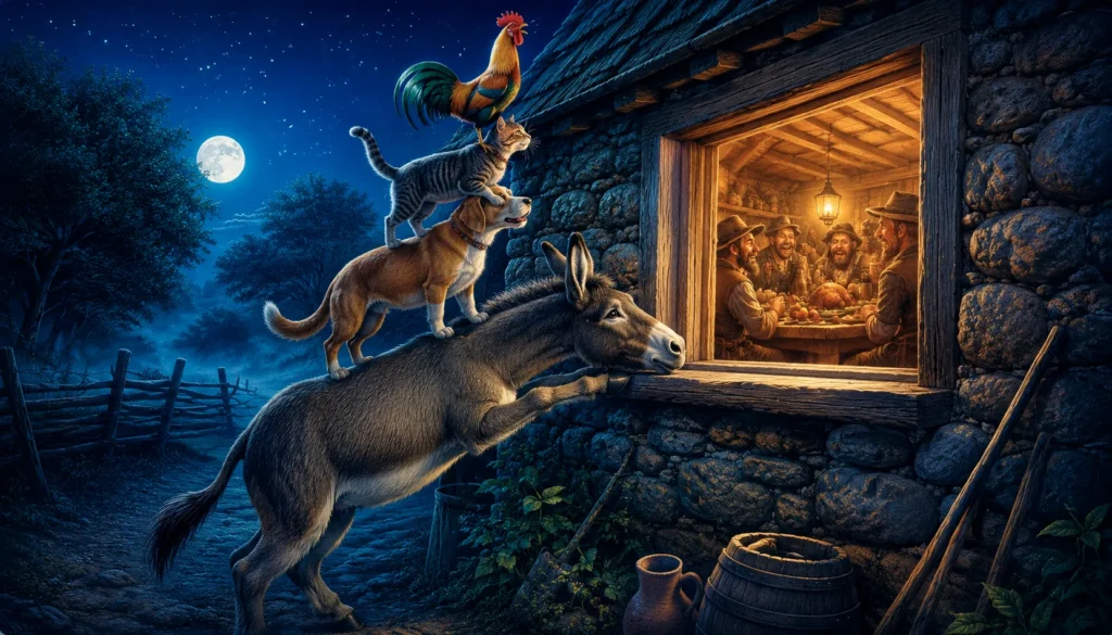 The Tale of the Traveling Musicians 6 All the musicians looking in the cabin window