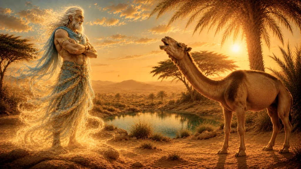 Mythical figure confronts a camel.