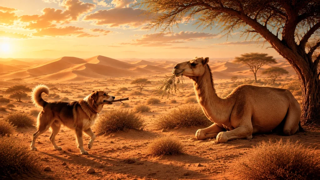 Dog and camel in desert sunset