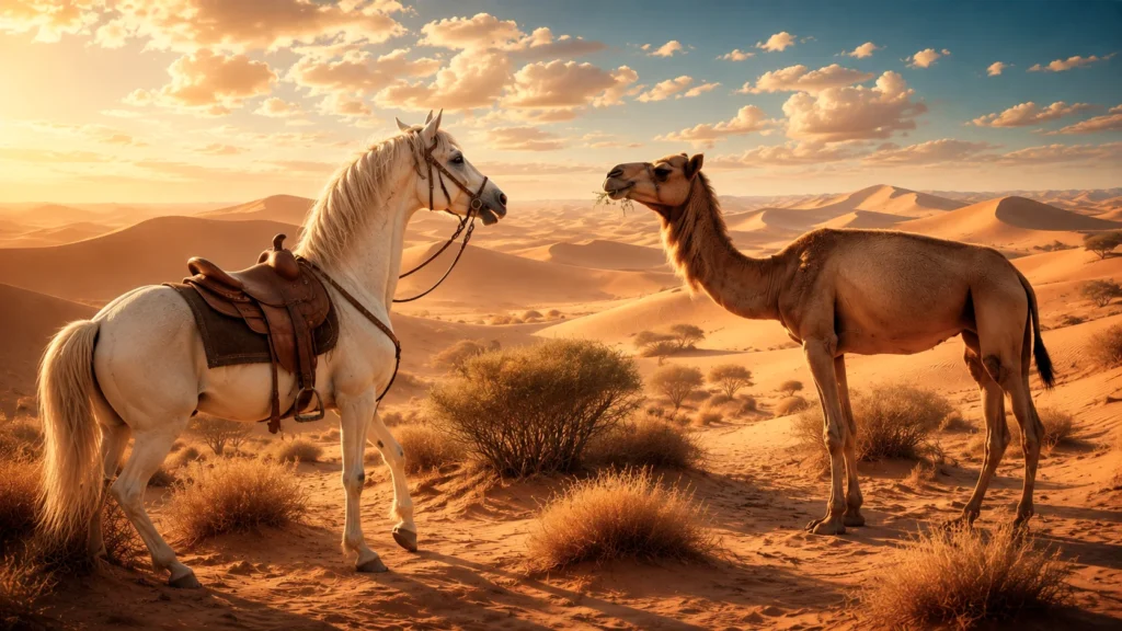 Horse and camel in desert sunset