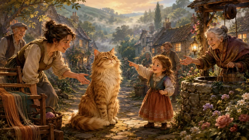 The Cat Who Remembered Everything 1 Village scene with a large cat