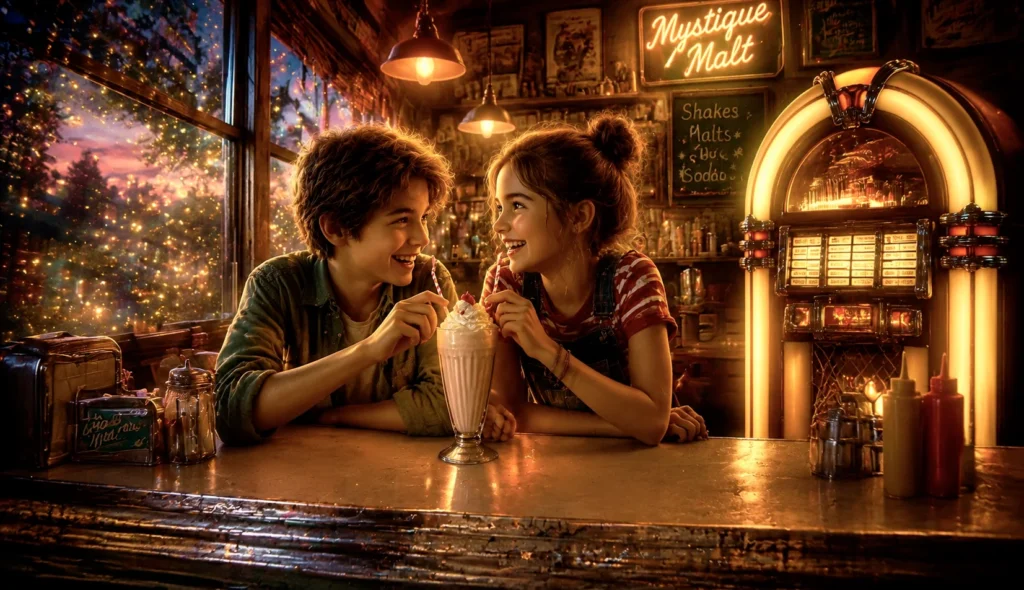 Two friends sharing a milkshake.