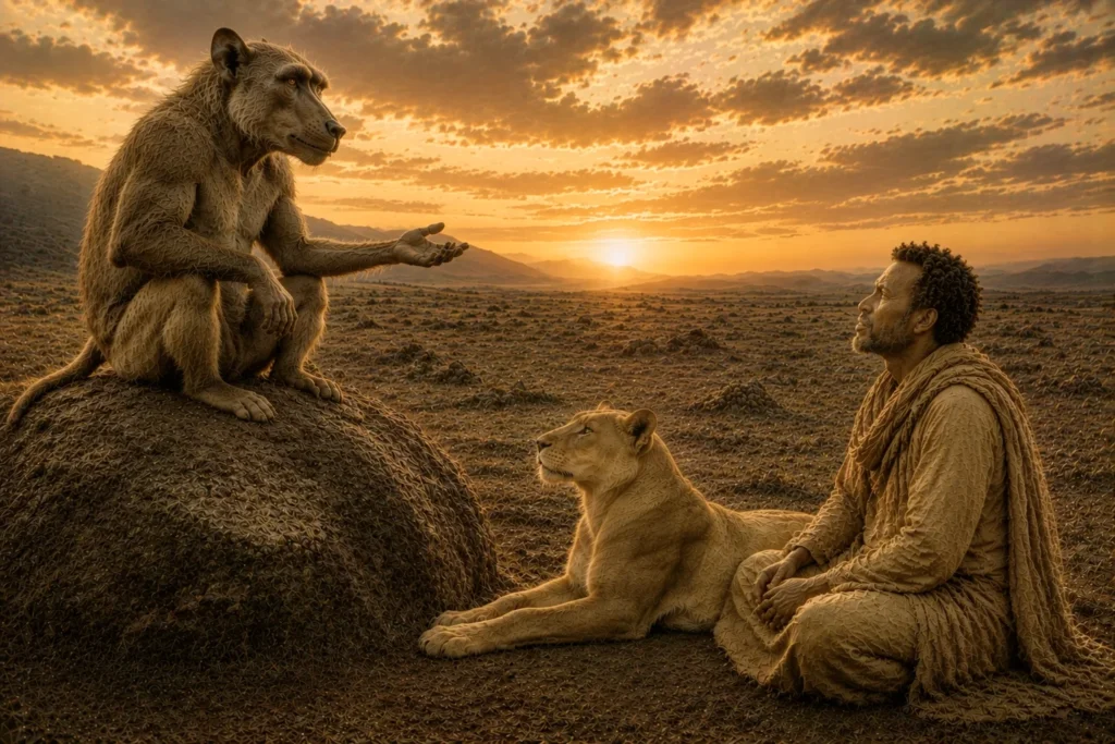 The Leopard's New Spots: A Tale of Change and Adaptation 10 Monkey converses with man and lion.