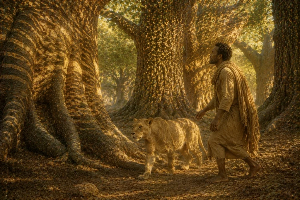 The Leopard's New Spots: A Tale of Change and Adaptation 11 Man walking with lion in forest