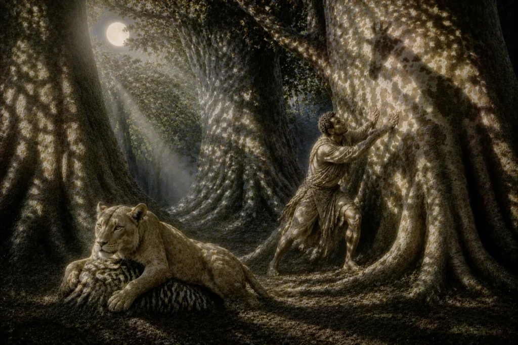 The Leopard's New Spots: A Tale of Change and Adaptation 12 Man and lion in mystical forest