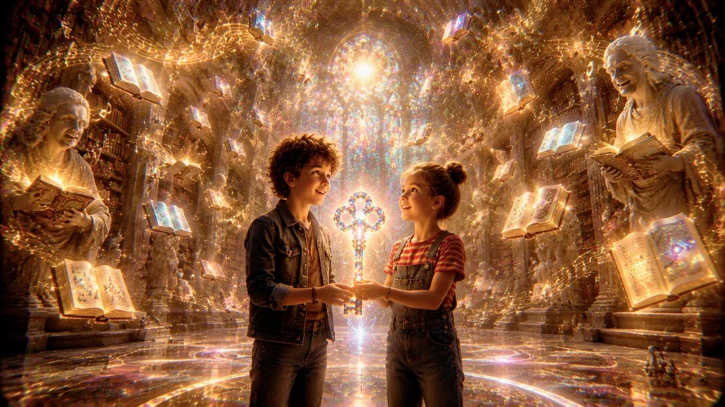 Children holding a magical key.