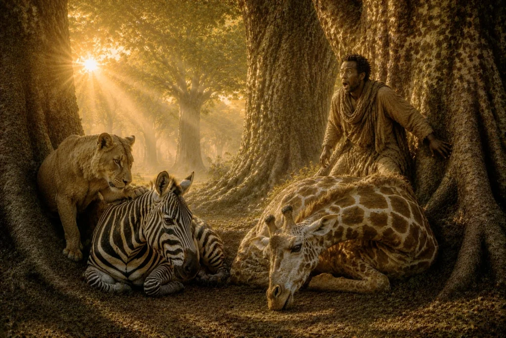 The Leopard's New Spots: A Tale of Change and Adaptation 13 Man with animals in golden light