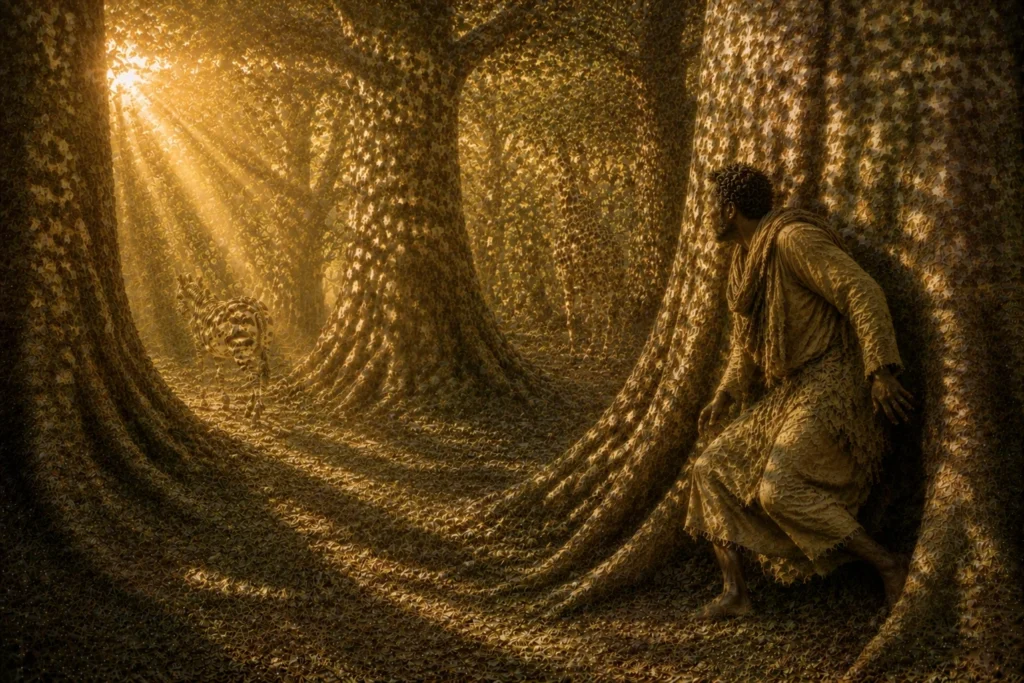 The Leopard's New Spots: A Tale of Change and Adaptation 14 Mysterious figure in enchanted forest.