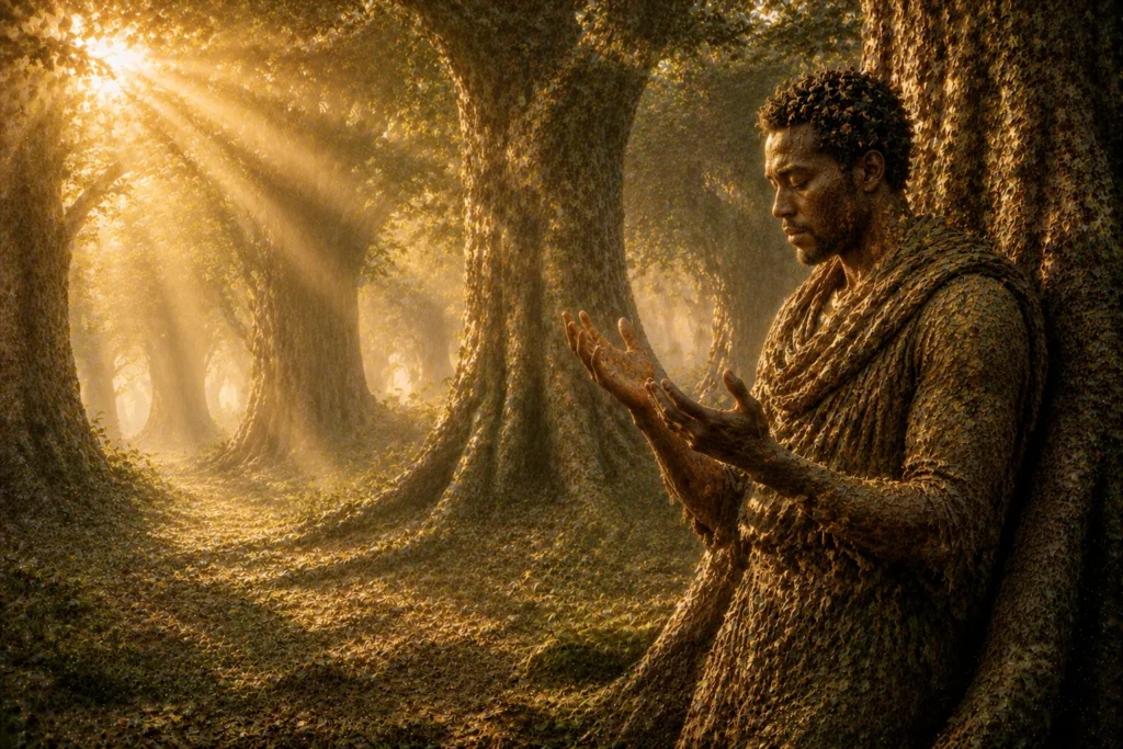 The Leopard's New Spots: A Tale of Change and Adaptation 15 Man surrounded by mystical trees