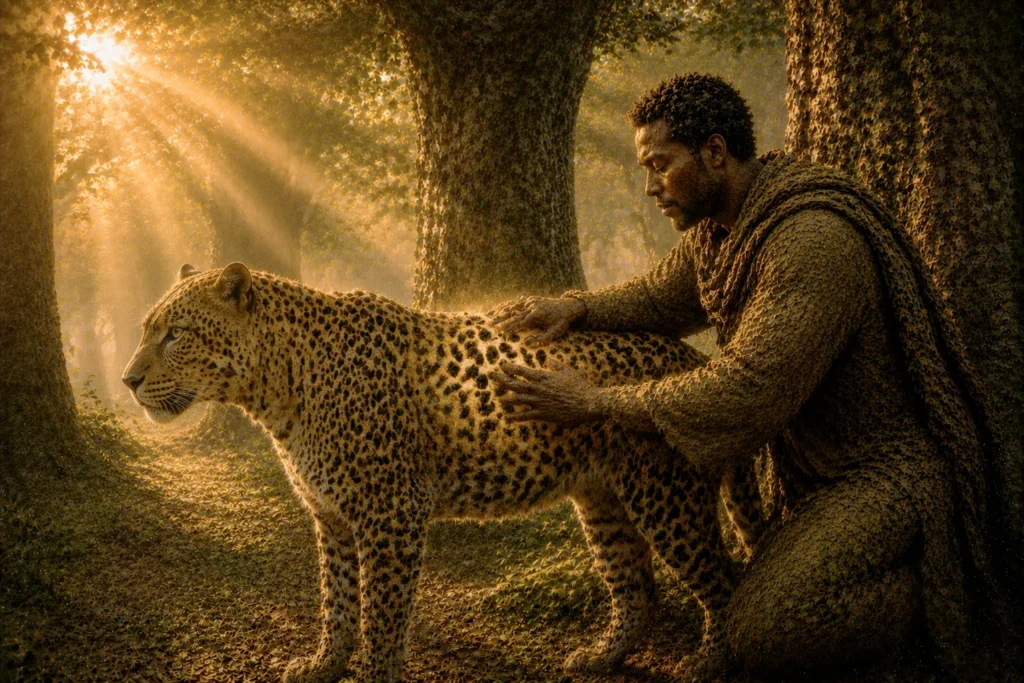 The Leopard's New Spots: A Tale of Change and Adaptation 16 Man interacting with a leopard.