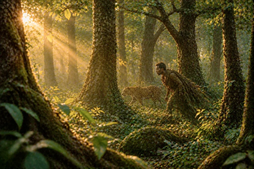 The Leopard's New Spots: A Tale of Change and Adaptation 17 Man and leopard in lush forest