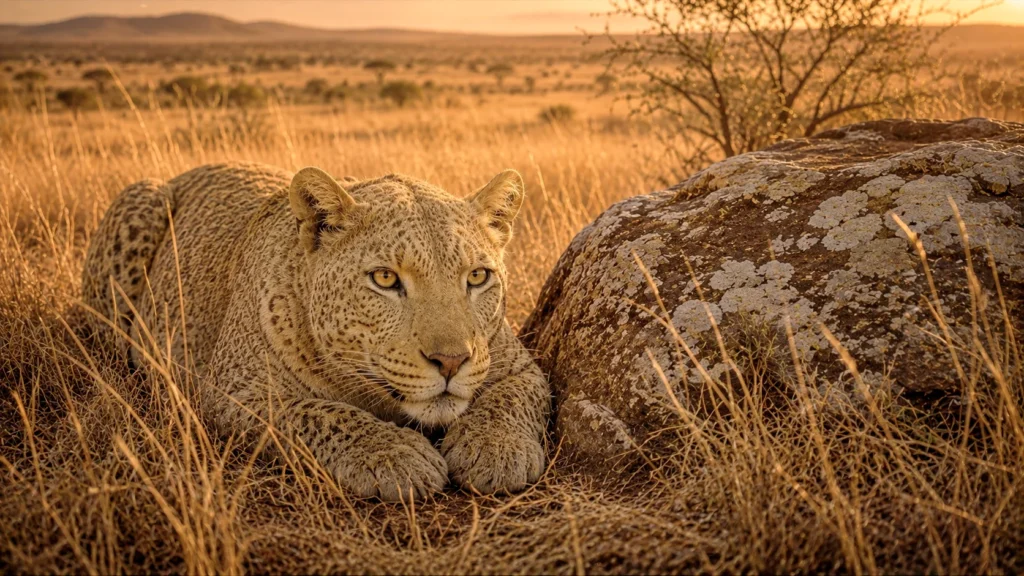 The Leopard's New Spots: A Tale of Change and Adaptation 2 Leopard resting in golden grassland.