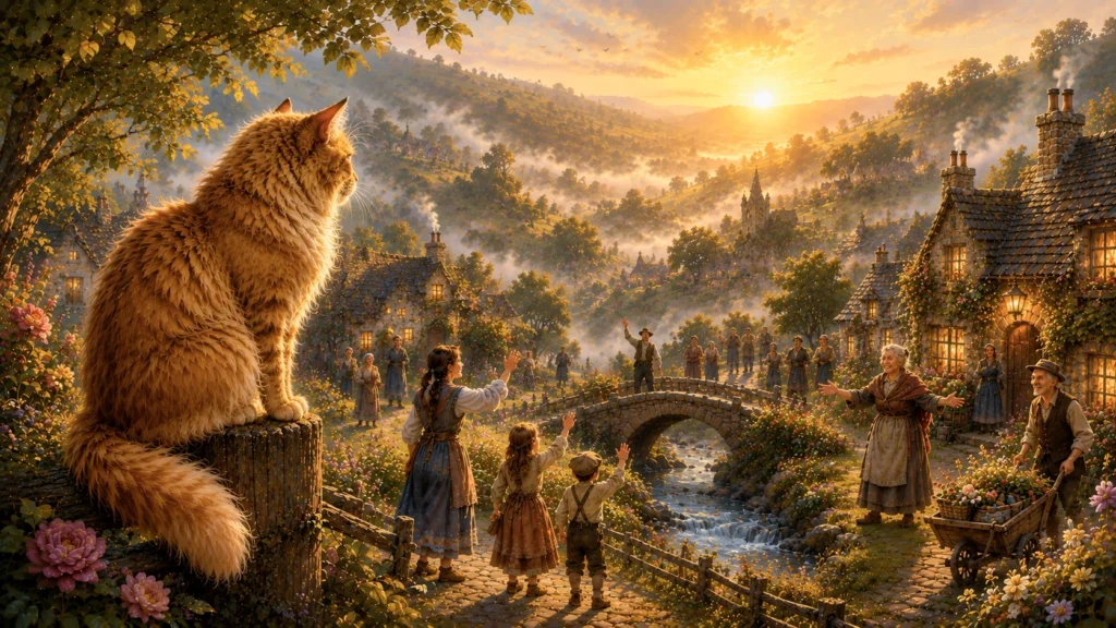 The Cat Who Remembered Everything 2 Cat watching sunset over village