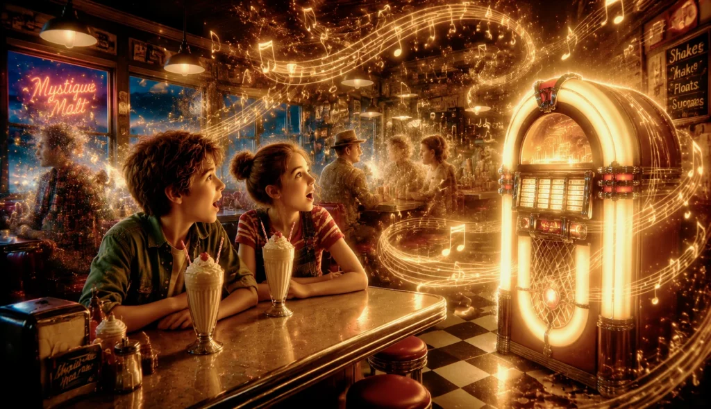 Children mesmerized by a jukebox