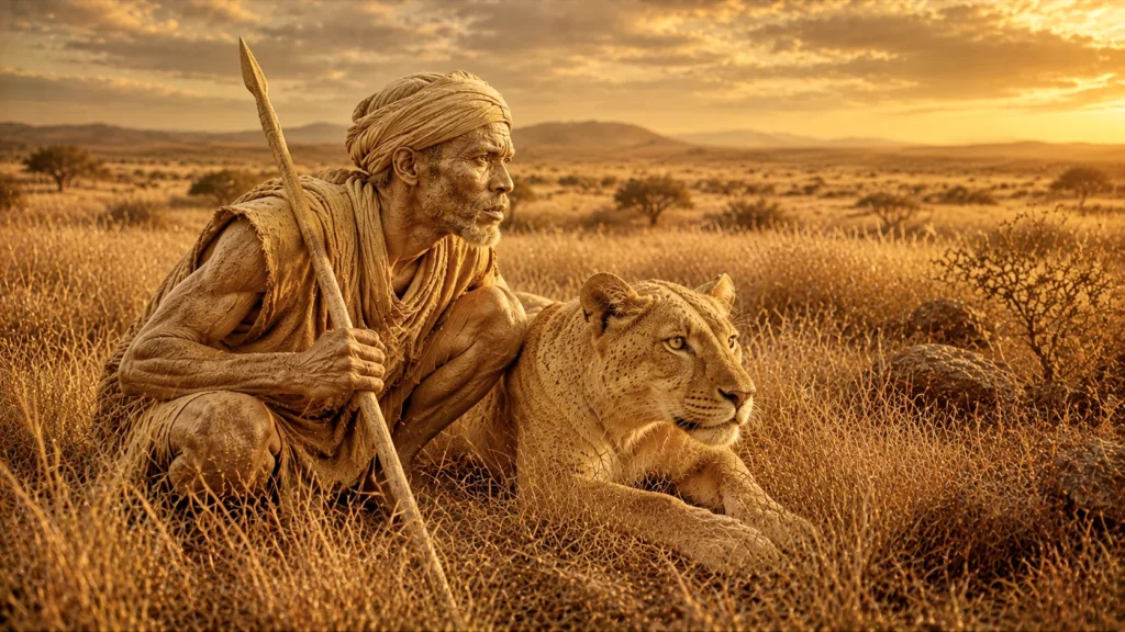 The Leopard's New Spots: A Tale of Change and Adaptation 4 Man and lion in golden savannah