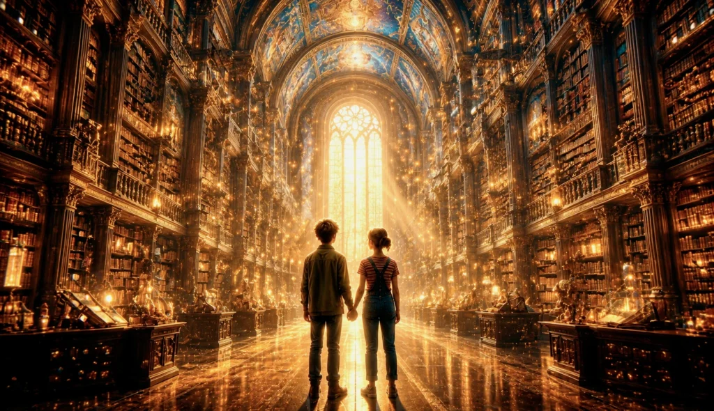Children in a magical library setting.