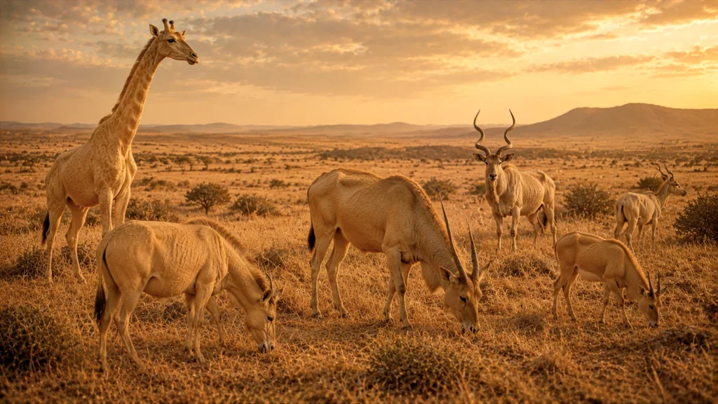 The Leopard's New Spots: A Tale of Change and Adaptation 3 Giraffe and antelopes in sunset