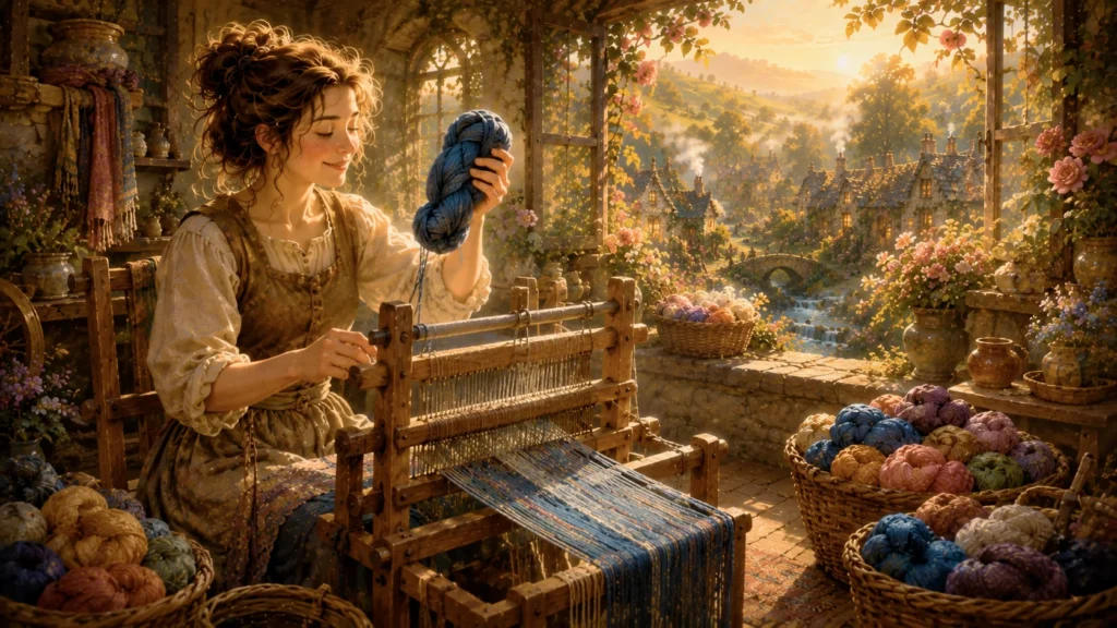 The Cat Who Remembered Everything 4 Woman weaving in a sunlit garden.