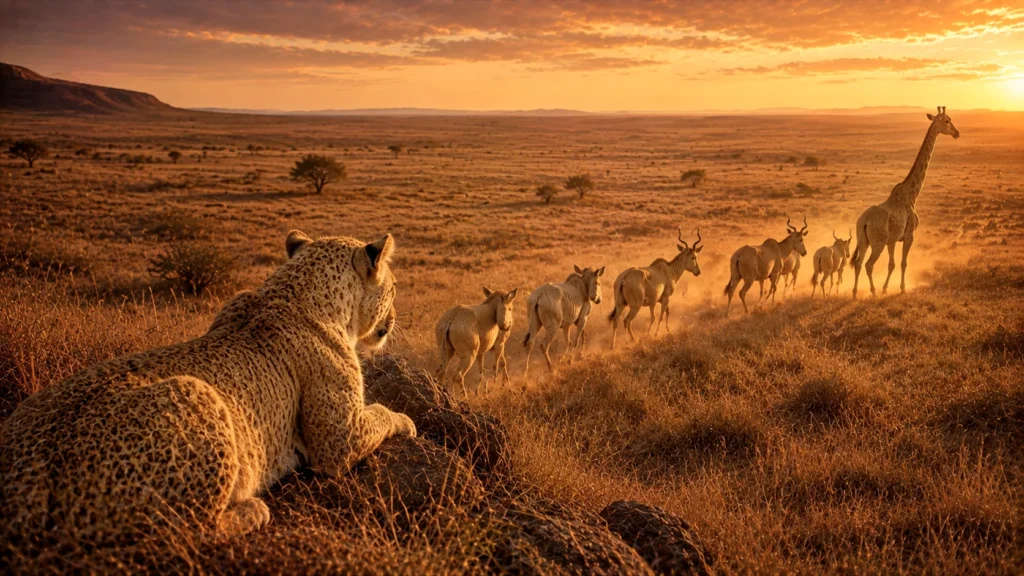 The Leopard's New Spots: A Tale of Change and Adaptation 5 Leopard watching antelopes at sunset