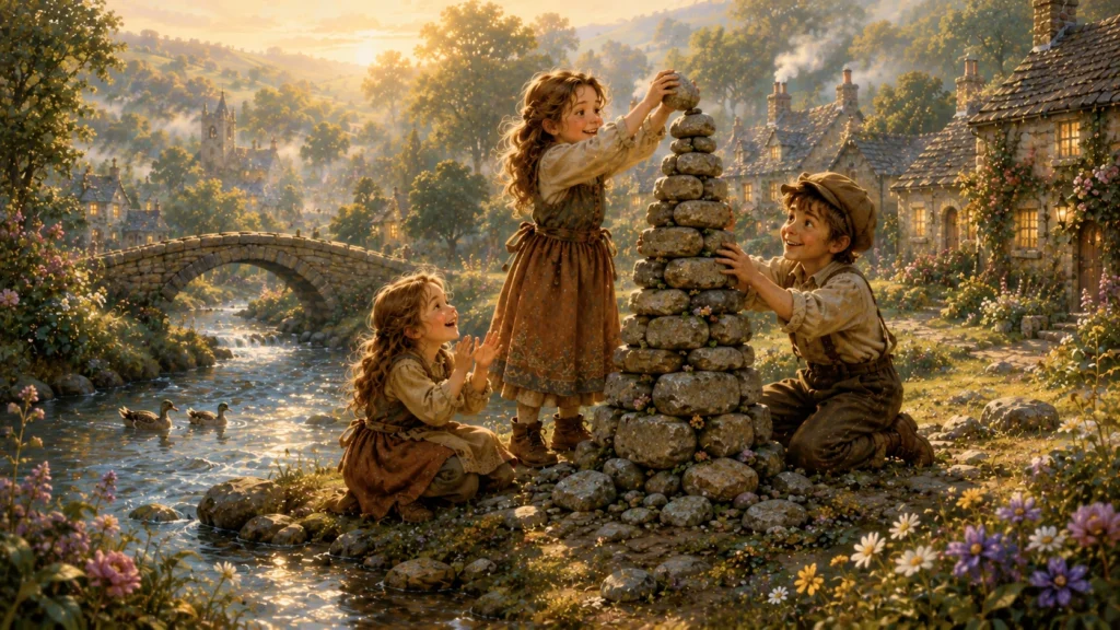 The Cat Who Remembered Everything 5 Children stacking stones by river