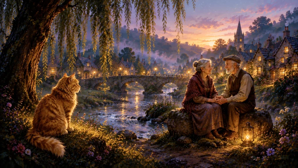 The Cat Who Remembered Everything 6 Elderly couple by river at sunset