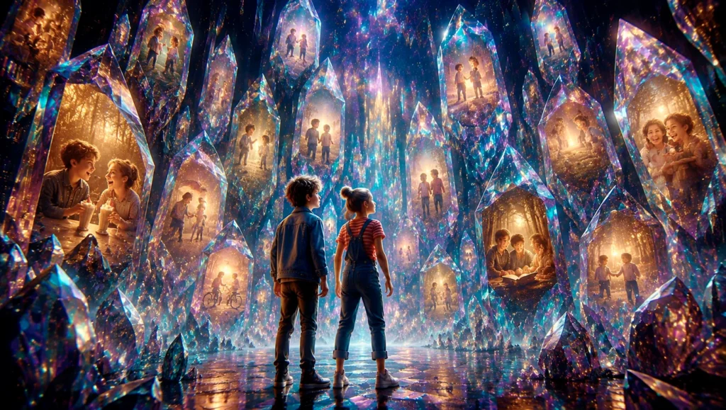 Children exploring a magical crystal cave.