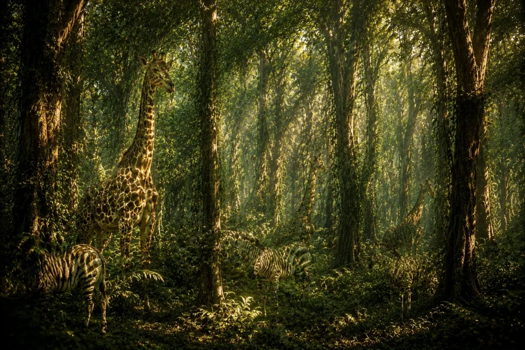 The Leopard's New Spots: A Tale of Change and Adaptation 7 Giraffe and zebras in lush forest