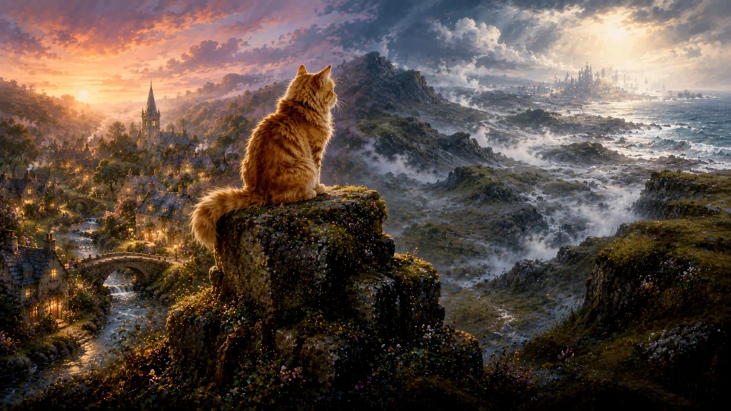 The Cat Who Remembered Everything 7 Cat overlooking a mystical landscape.