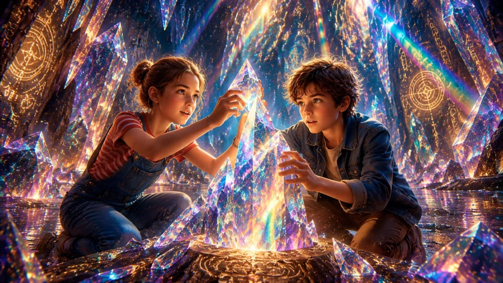 Children interacting with magical crystals.