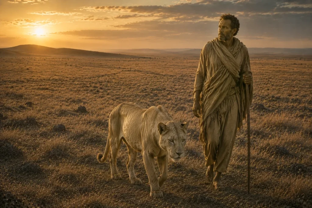 The Leopard's New Spots: A Tale of Change and Adaptation 8 Man walking with lion at sunset