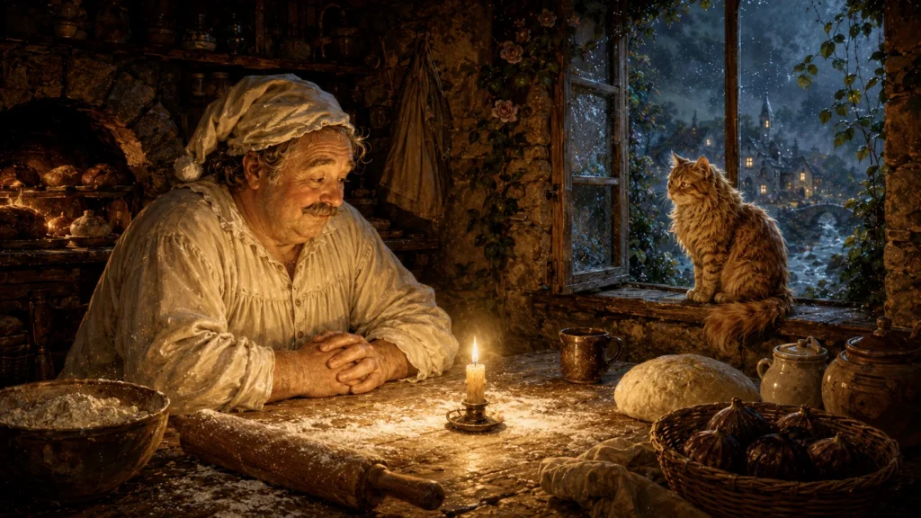 The Cat Who Remembered Everything 8 Cozy kitchen with baker and cat