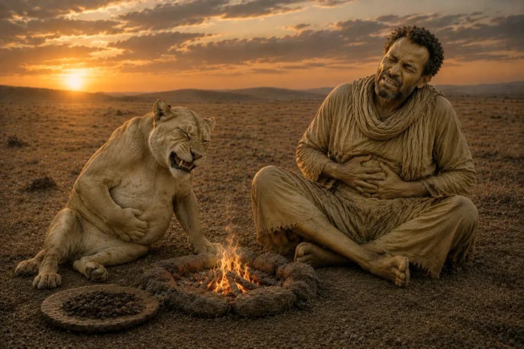 The Leopard's New Spots: A Tale of Change and Adaptation 9 Man and lion by a fire