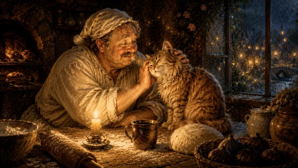 The Cat Who Remembered Everything 9 Baker and cat in cozy kitchen