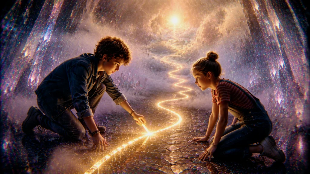 Children discovering a glowing path.