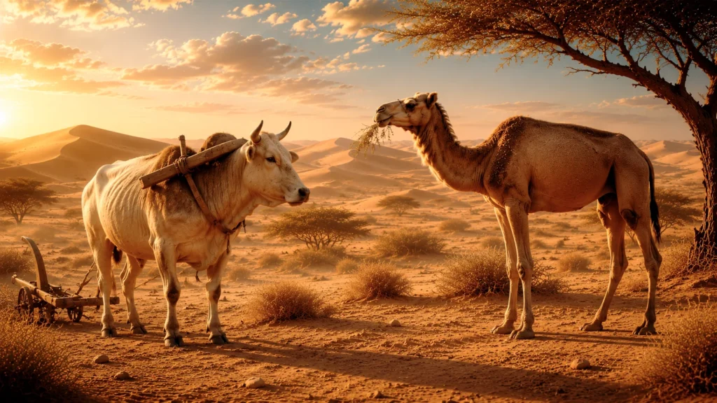 Ox and camel in desert sunset