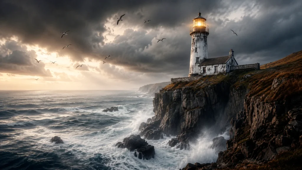 Steadfast by the Sea: A Tale of Bravery and Kindness 1 lighthouse on cliff