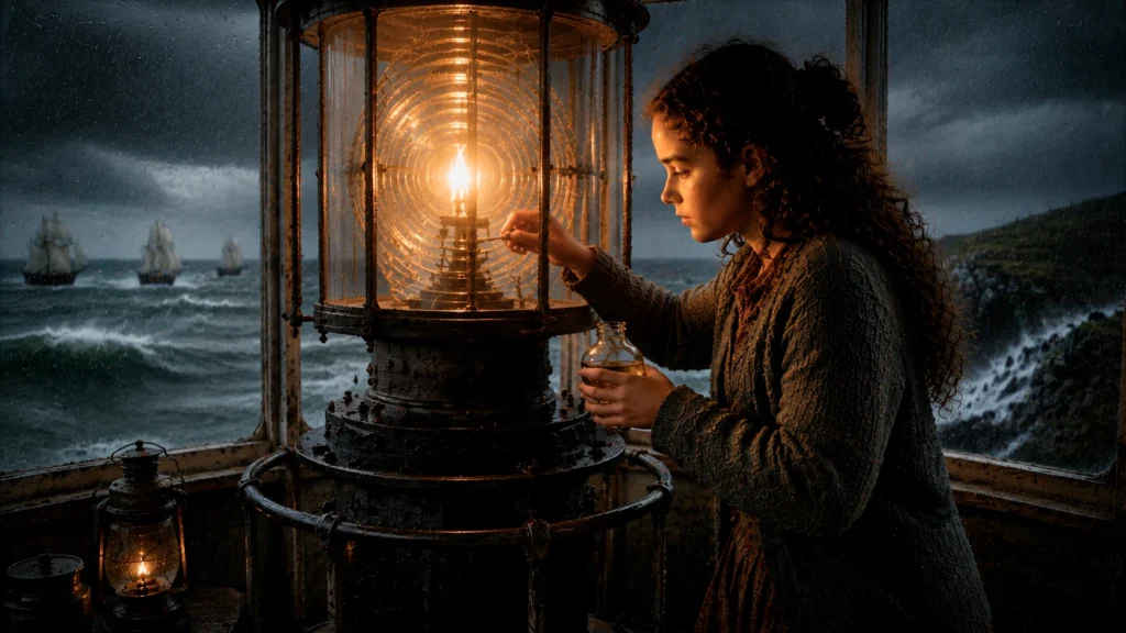 Steadfast by the Sea: A Tale of Bravery and Kindness 12 girl tends the flame
