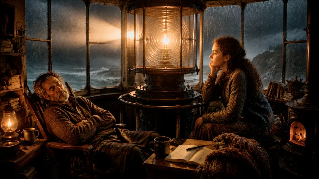 Steadfast by the Sea: A Tale of Bravery and Kindness 13 girl looks out window at flickering light