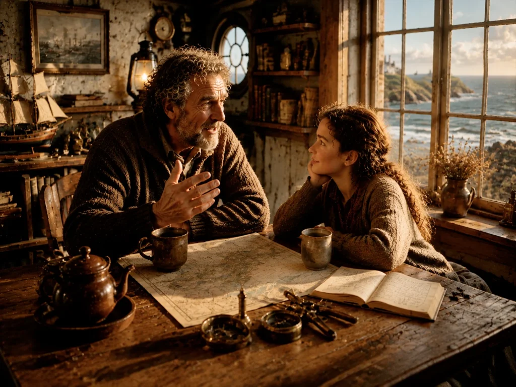 Steadfast by the Sea: A Tale of Bravery and Kindness 15 man and girl look at maps