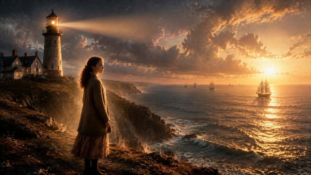 Steadfast by the Sea: A Tale of Bravery and Kindness 16 girl stand on shore and looks out at the water
