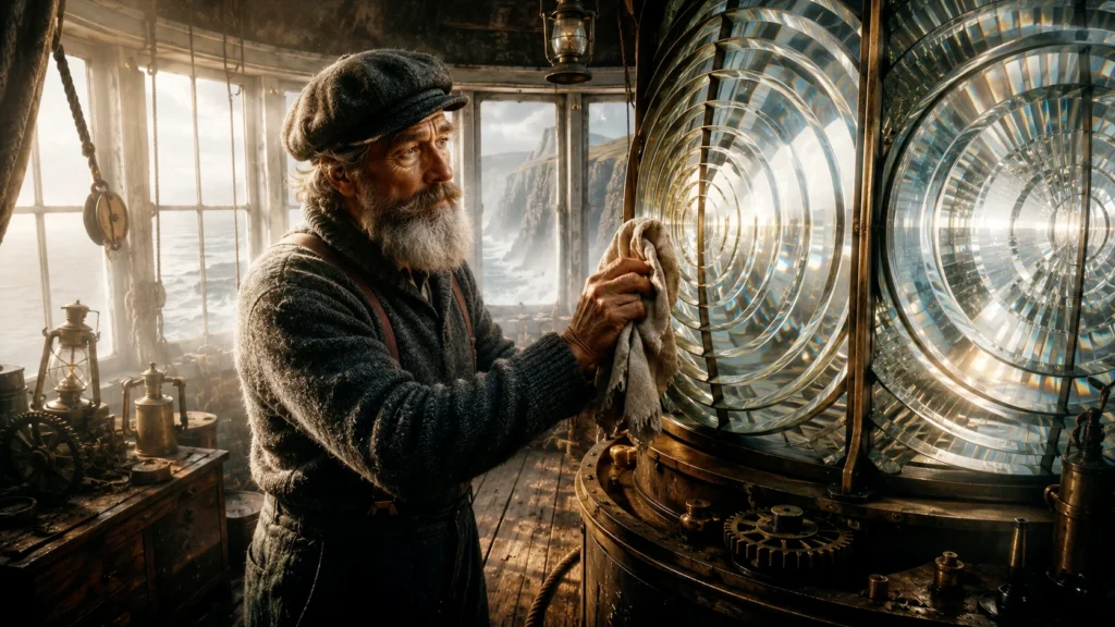 Steadfast by the Sea: A Tale of Bravery and Kindness 2 man polishing lighthouse lens