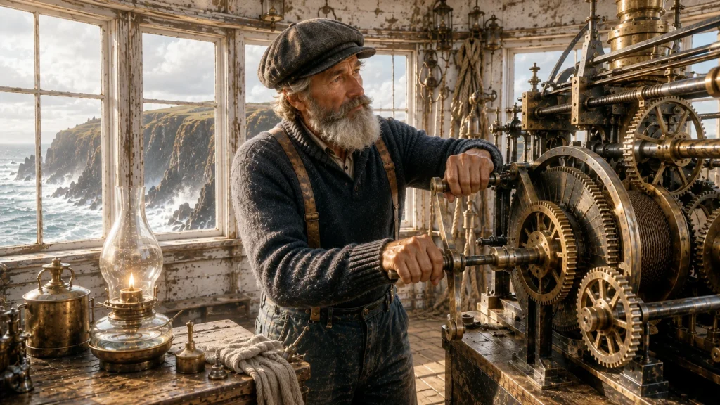 Steadfast by the Sea: A Tale of Bravery and Kindness 3 man keeping gears of lighthouse clean