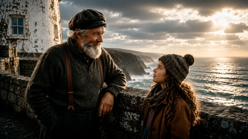 Steadfast by the Sea: A Tale of Bravery and Kindness 6 girl talking to man